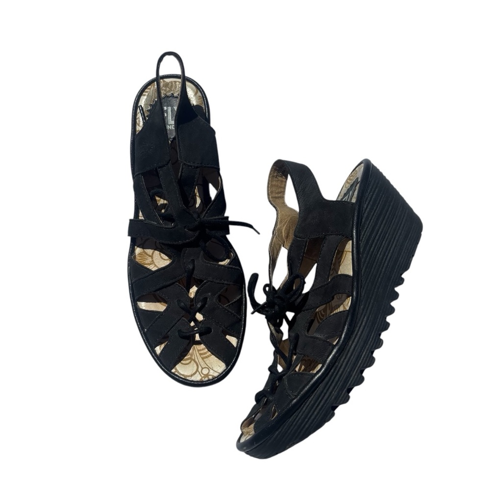 Fly London black leather lace up wedge platform sandals size 39